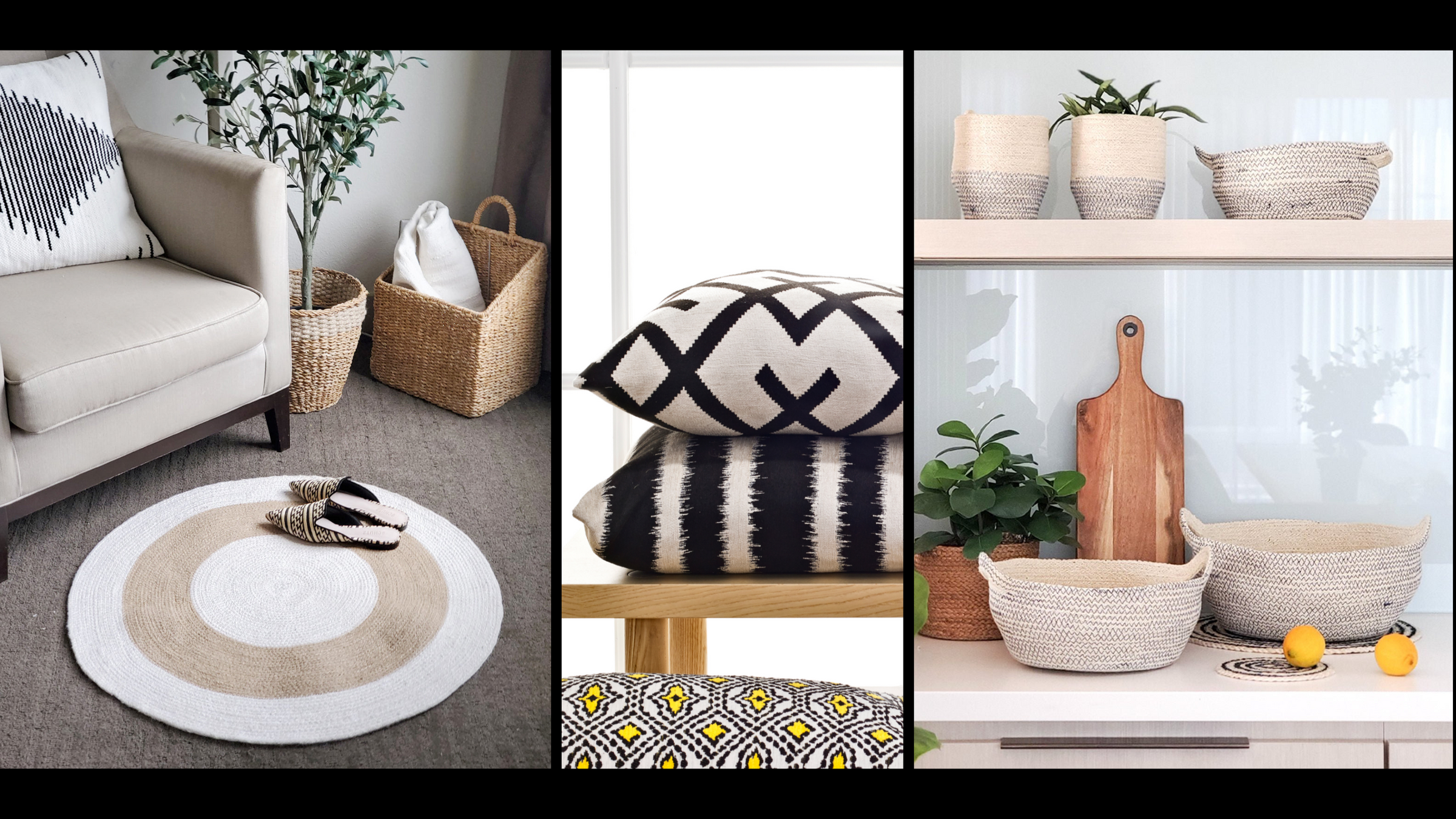 sustainable home goods - woven rug, handmade pillows and fair-trade woven baskets