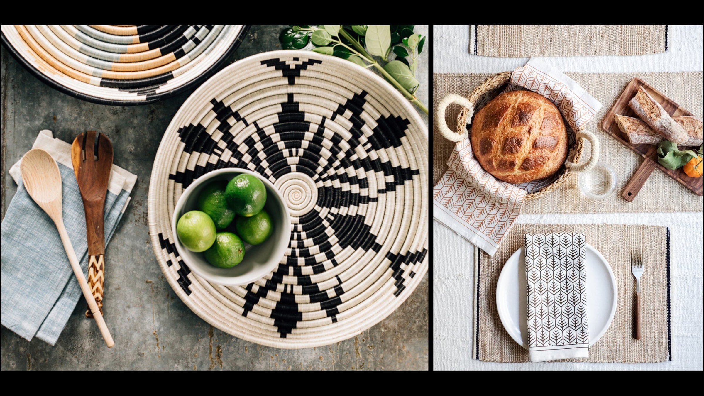 tablescapes with handwoven trays, a breadbasket warmer and a charcuterie board