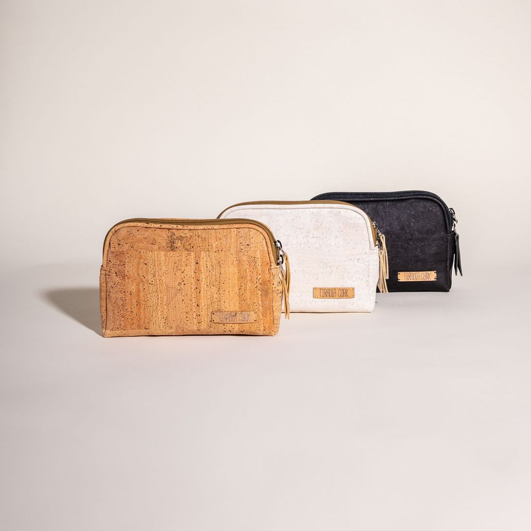 vegan cork pouches in natural, cream, and black