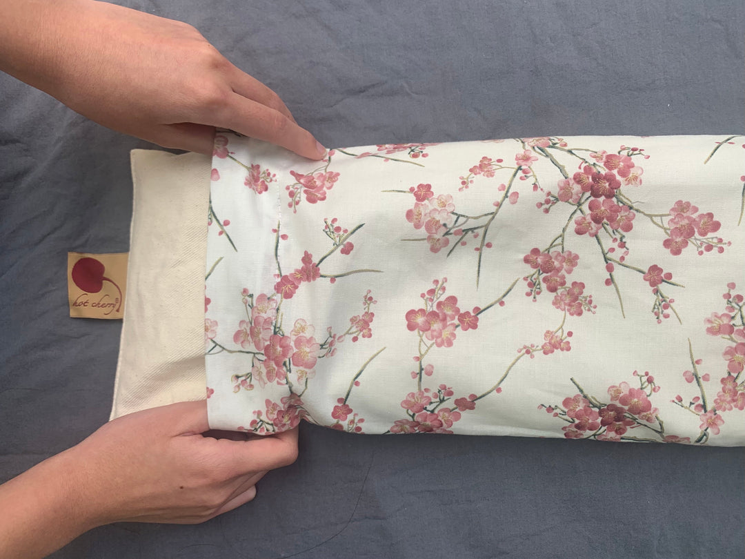 Hot Cherry Cervical/Rectangle Neck Pillow in Unbleached, Pre-washed, Natural Denim, with Cherry Blossom Pillowcase-0