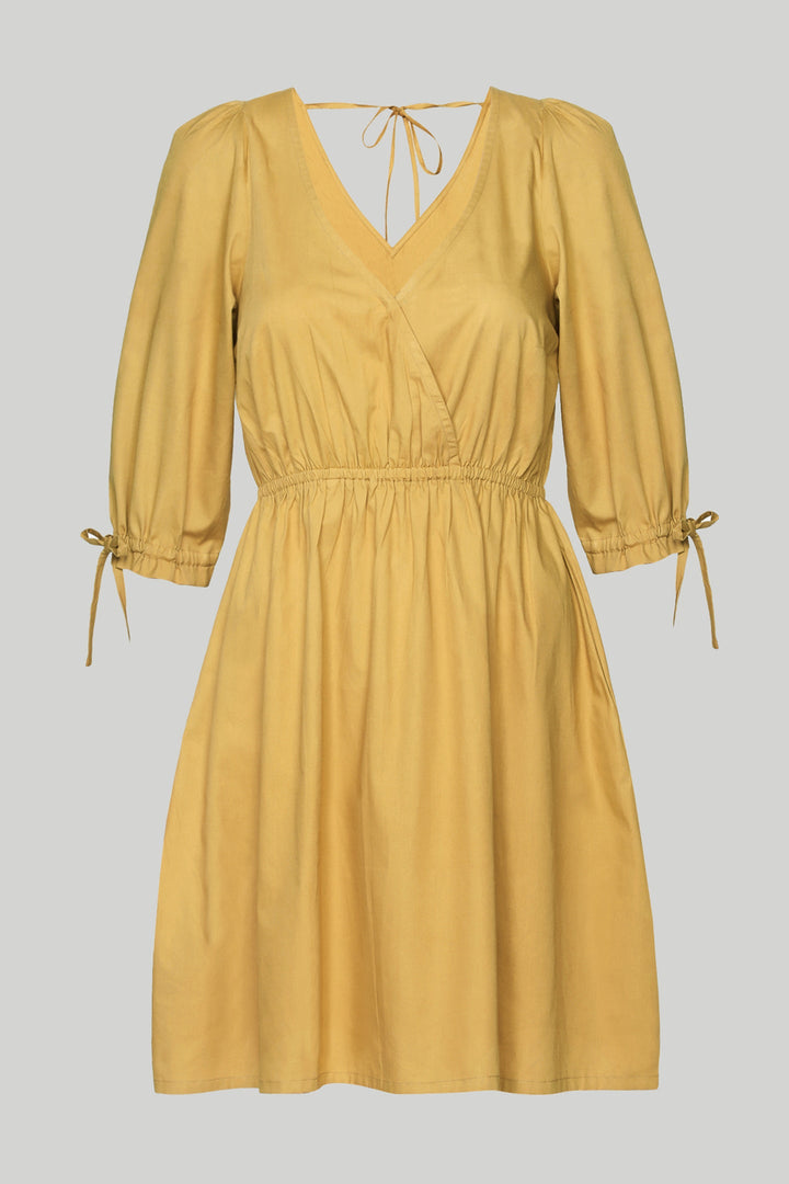 GATHERED Elbow Sleeve Short Dress | Mustard