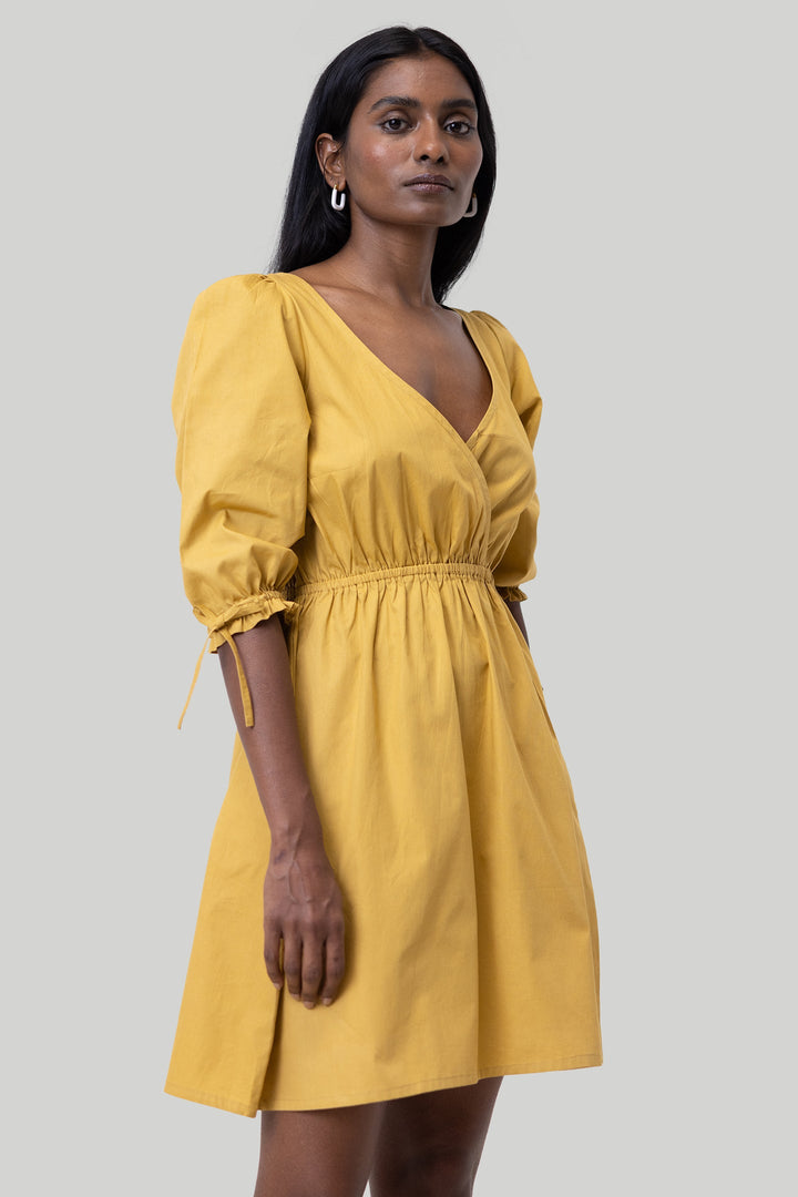 GATHERED Elbow Sleeve Short Dress | Mustard