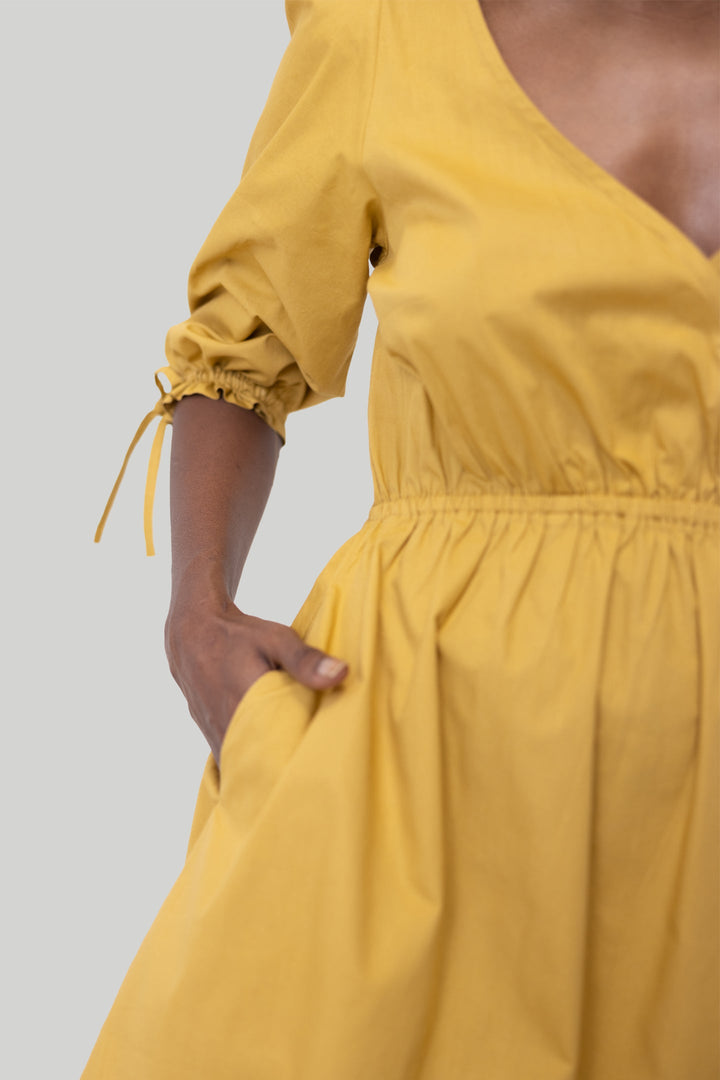 GATHERED Elbow Sleeve Short Dress | Mustard