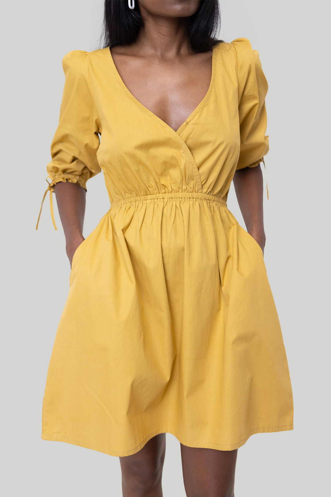 GATHERED Elbow Sleeve Short Dress | Mustard