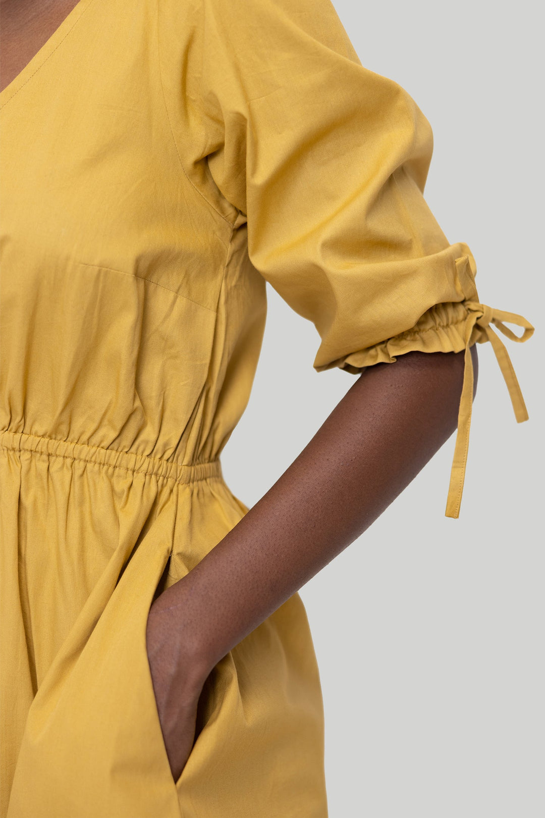 GATHERED Elbow Sleeve Short Dress | Mustard