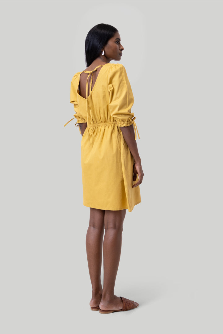 GATHERED Elbow Sleeve Short Dress | Mustard