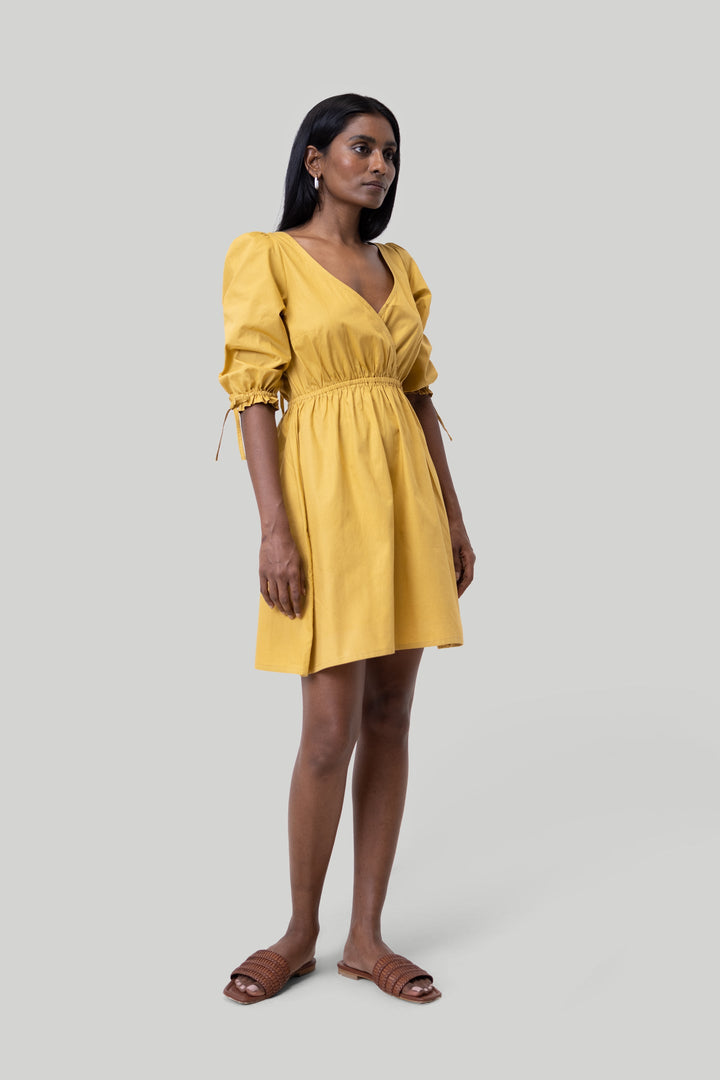 GATHERED Elbow Sleeve Short Dress | Mustard