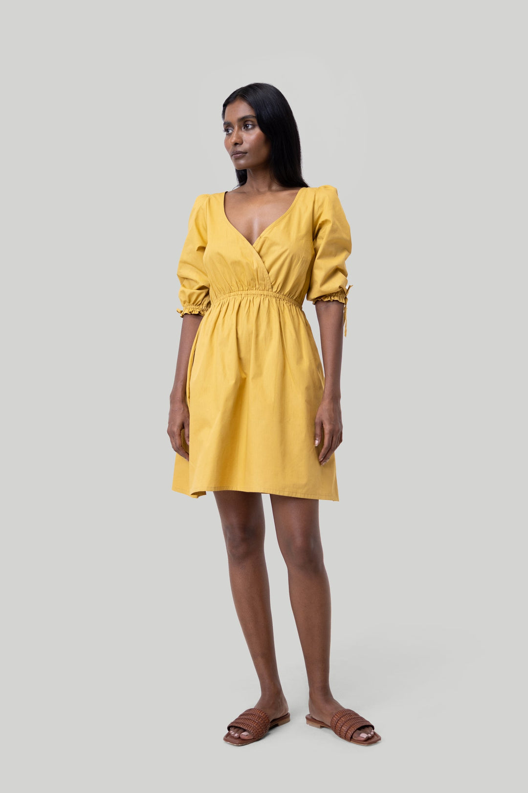 GATHERED Elbow Sleeve Short Dress | Mustard