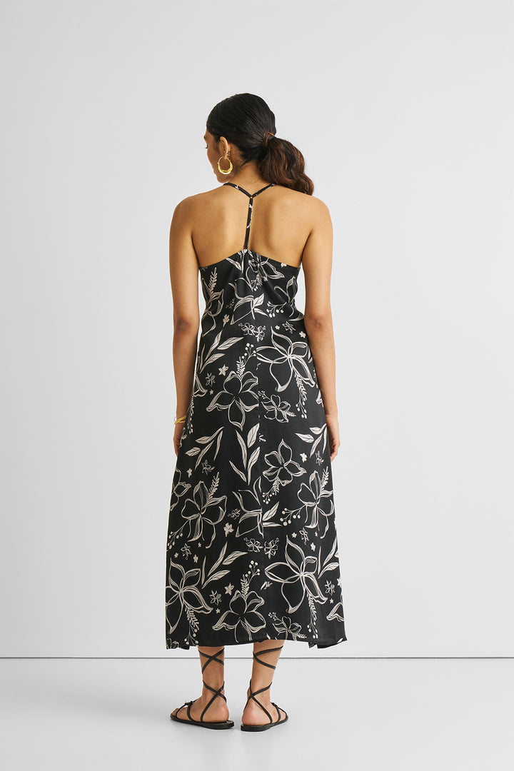 BLACK FLORALS Midi Slip Dress