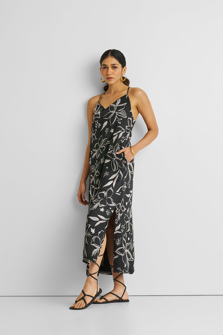 BLACK FLORALS Midi Slip Dress