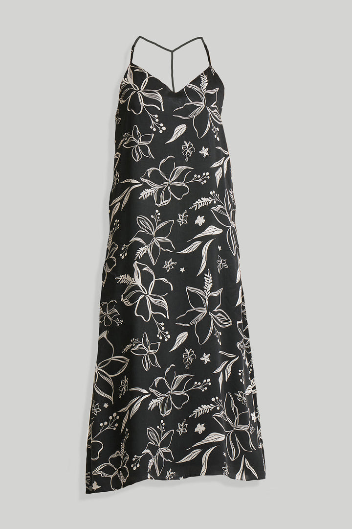 BLACK FLORALS Midi Slip Dress