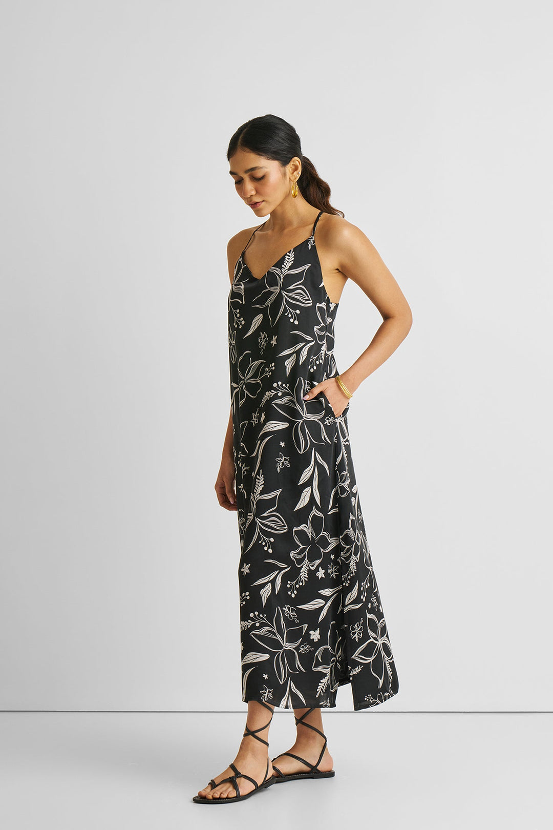 BLACK FLORALS Midi Slip Dress