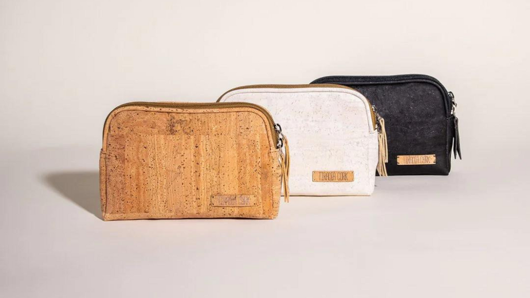 vegan cork sidekick pouch in natural, cream, and black