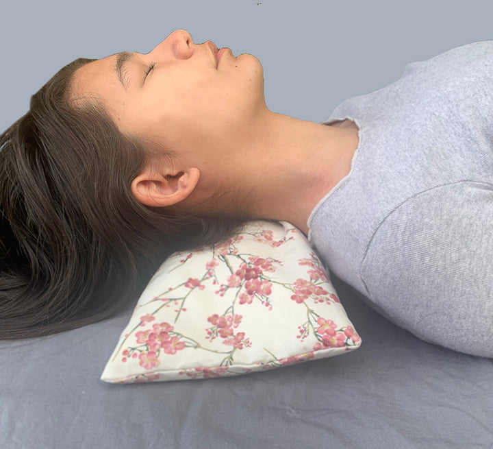 Hot Cherry Cervical/Rectangle Neck Pillow in Unbleached, Pre-washed, Natural Denim, with Cherry Blossom Pillowcase-1