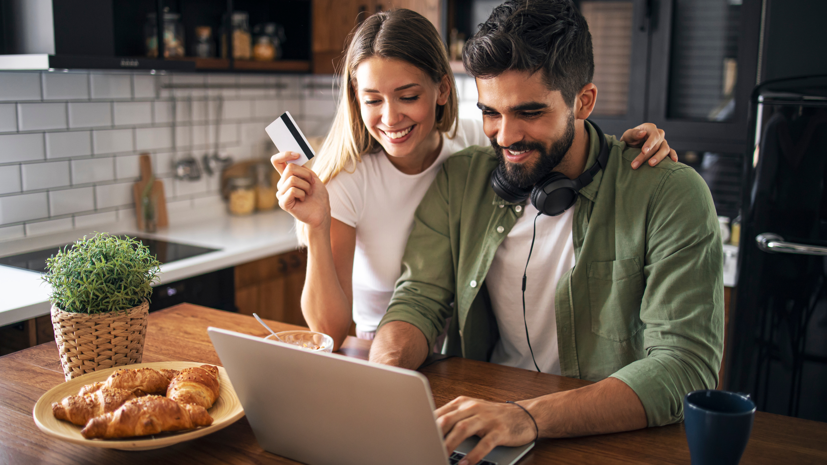 happy couple shopping online