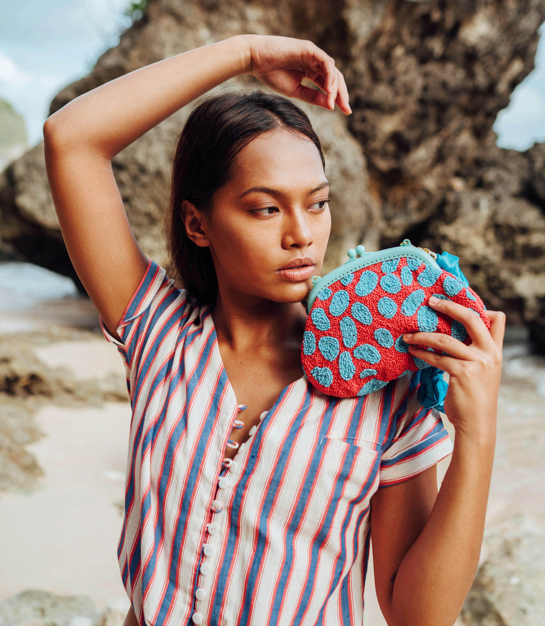 ARNOLDI Ariela Hand-beaded Clutch | Red & Turquoise