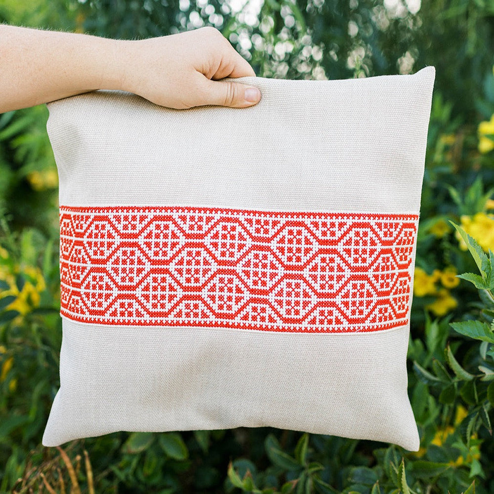 Tatreez Pillow - Palestinian Red-by-Darzah-Finally Bliss