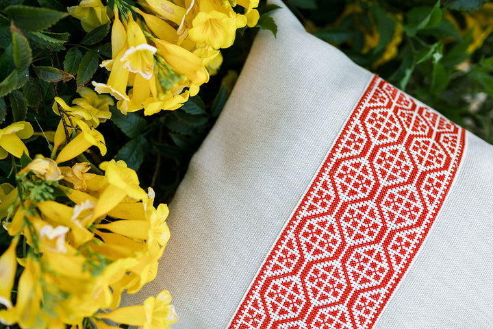 Tatreez Pillow - Palestinian Red-by-Darzah-Finally Bliss